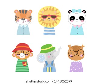 Set of cartoon cute animals in funny clothes for baby cards and invitations. Vector illustration tiger, lion, panda, monkey, elephant, owl.