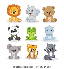  Set of cartoon cute animals including lion, tiger, hippopotamus, bear, panda, koala, raccoon, frog and elephant. Jungle and forest animals for magazines, postcards. Vector illustration