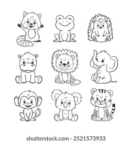  Conjunto de animais bonitos de desenho animado, incluindo leão, tigre, hipopótamo, macaco, ouriço, coala, guaxinim, sapo e elefante. Animais de selva e floresta para revistas, cartões postais. Ilustração vetorial