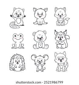 Conjunto de animais bonitos de desenho animado, incluindo esquilo, raposa, urso, ouriço, porco, guaxinim, rato, rã e lobo. Animais da floresta para revistas, cartões postais. Ilustração vetorial