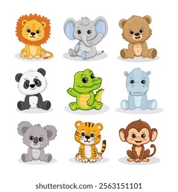  Set of cartoon cute animals including lion, tiger, hippopotamus, bear, panda, koala, monkey, crocodile and elephant. Jungle and forest animals for magazines,  postcards. Vector illustration
