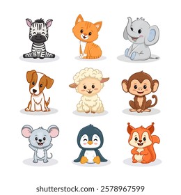 Set of cartoon cute animals including zebra, kitten, dog, monkey, sheep, mouse, penguin, squirrel and elephant. Jungle, forest animals and pets for magazines, postcards. Vector