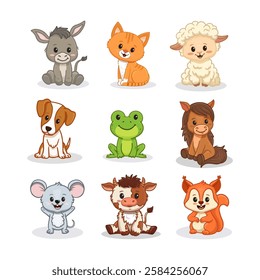 Set of cartoon cute animals including puppy, dog, donkey, horse, lumb, sheep, cow and frog, mouse, squirrel cat, kitten, horse. Funny animals for magazines, postcards, cards. Vector illustration