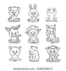 Set of cartoon cute animals including puppy, dog, capybara , frog, horse, lumb, sheep, cow and donkey, bunny, rabbit, pig. Funny animals for magazines, postcards, cards. Vector illustration