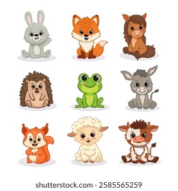 Set of cartoon cute animals including fox, bunny, rabbit, horse, donkey, hedgehog, cow, frog, sheep and squirrel. Forest and farm animals for magazines, postcards. Vector illustration
