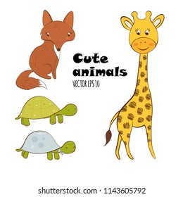 Set of cartoon cute animals isolated on white background. Vector illustration, can be used for design of greeting cards, kids rooms decoration, t-shirt prints etc.