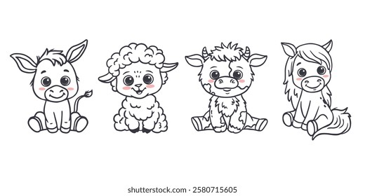 Set of cartoon cute animals isolated on white. Cow, sheep, horse, donkey. Funny farm animals for magazines, postcards, coloring. Vector illustration