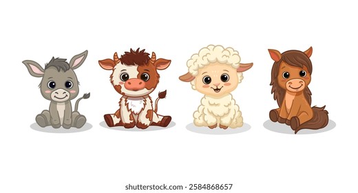 Set of cartoon cute animals isolated on white. Cow, sheep, horse, donkey. Funny farm animals for magazines, postcards. Vector illustration
