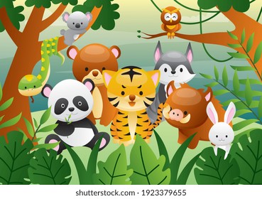 Set of Cartoon Cute Animals in the Jungle