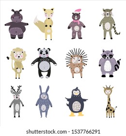 Set cartoon cute animals for kids in scandinavian style zoo hippopotamus, fox bear, panda. Vector isolated postcard flyer, page, banner design.