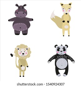 Set cartoon cute animals for kids in scandinavian style zoo. Vector isolated postcard flyer, page, banner design.