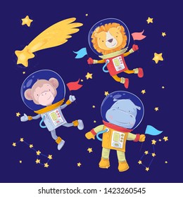 Set of cartoon cute animals monkey lion and hippo astronauts in space with stars and a comet for childrens illustration. Vector
