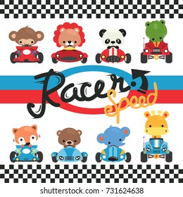 Set of cartoon cute animals racing on car isolated on white background illustration vector,