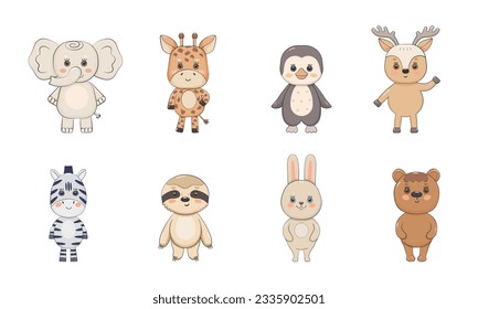 Set of cartoon cute animals with stroke. Zebra bear hare elephant giraffe deer penguin sloth standing. Vector illustration for kids designs.