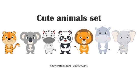 Set of cartoon cute animals. Tiger, koala, zebra, panda, lion, hippopotamus, elephant. Vector illustration for design and print
