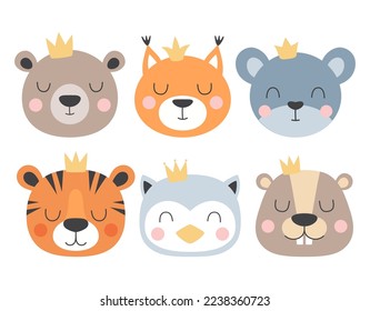 conjunto con dibujos animados lindos animales, ilustración vectorial con el oso, el ratón, el tigre, el búho, el castor y la ardilla, impresión para los niños de los animales de la cabeza en la corona aislados en blanco
