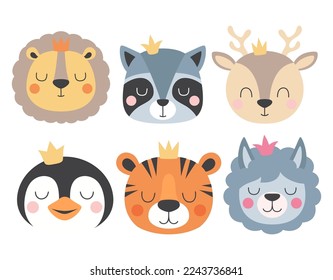 set with cartoon cute animals, vector illustration with lion, raccoon, tiger, penguin, deer and llama, print for kids of head animals in crown isolated on white