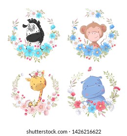 Set of cartoon cute animals zebra monkey giraffe and hippo in flower wreaths children's clipart.