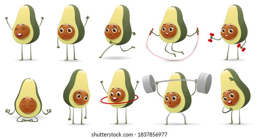 Set of cartoon cute avocado characters. Funny healthy lifestyle concept. Funny healthy lifestyle. Avocado doing sport, yoga meditate, gym  on white background. Vector illustration