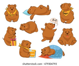 Set of cartoon cute bears in different poses icons isolated on white background. Vector eps 10 format