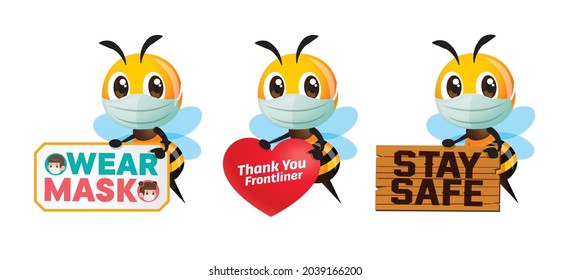 Set of cartoon cute bee wearing face mask holding different public awareness signage to prevent against coronavirus. Fight global pandemic outbreak