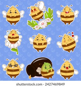 Set of cartoon cute bees with different emotions