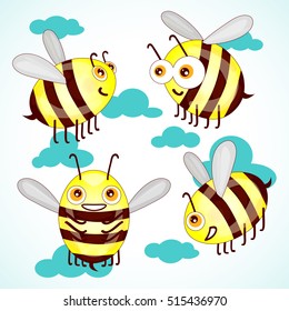 Set cartoon cute bees on sky with clouds vector illustration