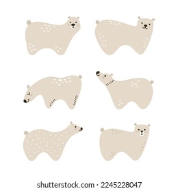 Set of cartoon cute beige bear characters in Scandinavian style. Vector hand drawn animals for childish prints.