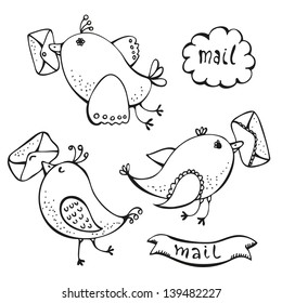 Set of cartoon cute birds with letters isolated on a white background