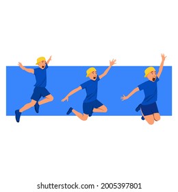 Set Cartoon cute boy wearing blue shorts ,yellow cap and sneakers is jumping on rectangular blue with white background.Three boys in jumping very style. Vector isolate flat design concept for freedom.