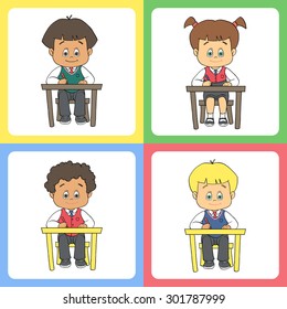 Set of cartoon cute boys and girls in school uniform at school/preschool/kindergarten. School children sitting at desk/table and writing/drawing. Outline vector clip art eps 10 illustration.