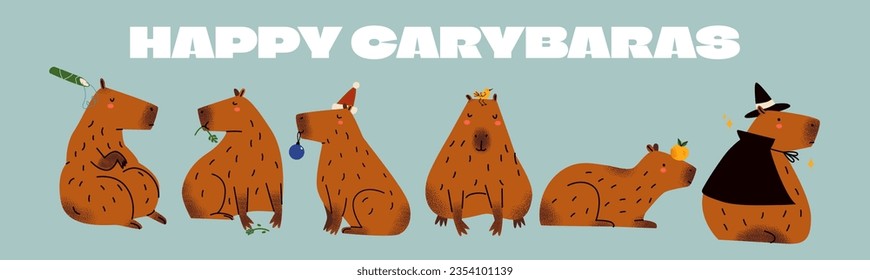 Set von Cartoon süße Capybaras Nagetier. Tiere Meerschweinchen mit einer Orange auf der Nase. Doodle-Aufkleber für exotische Haustiere