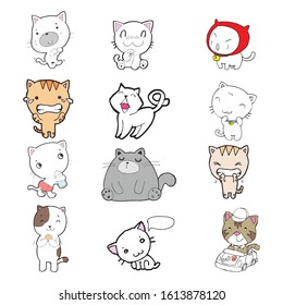 set of cartoon cute cats. doodle cats with different emotions. Cat handmade. Isolated cat for design. vector illustration