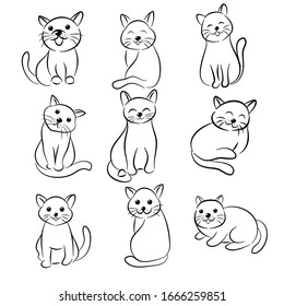 Set of cartoon cute cats doodle. Hand drawn vector illustration on white back ground.