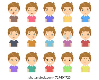 Set of Cartoon cute caucasian boy face emotions Vector Icons. Set of15 emotions.