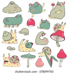 Set of cartoon cute character Monsters and mushrooms. Vector flat illustration. Monsters, snails and mushrooms. 
White background. 