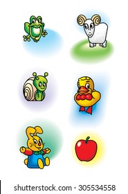 Set cartoon cute characters frog sheep ram goat snail duck hare apple on white background. Vector illustration. - Векторная графика