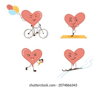 Set of cartoon cute characters of hearts going in for sports. Vector isolated illustration