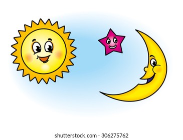 Set cartoon cute characters Sun star and moon on white background. Vector illustration. - Векторная графика 