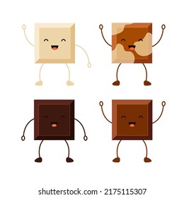 Set of cartoon cute chocolate piece characters. Dark, black, white and mix chocolates bar. Vector illustration isolated on white background.