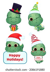Set of cartoon cute Christmas dinosaur. Dragon holds a gift and a Happy Holidays poster. Dino wearing santa hat and Christmas lights. Little kid character. Vector illustration.