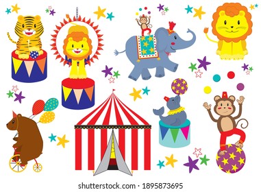 Set Of Cartoon Cute Circus Animals