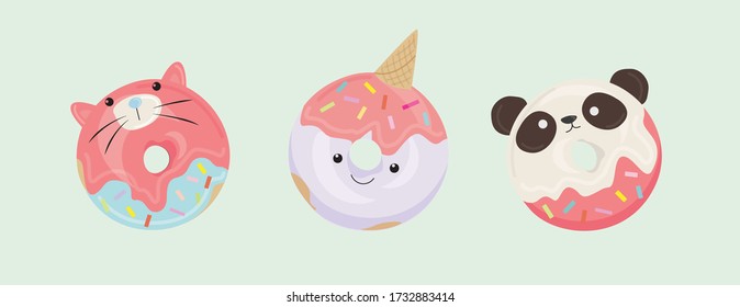 Juego de dibujos animados donuts bonitos y coloridos.Ilustración vectorial