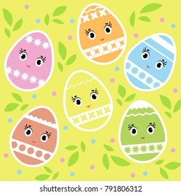 Set of cartoon cute colorful isolated Easter eggs on a yellow background. With an abstract striped pattern. Simple flat vector illustration. Suitable for decoration of postcards, advertising