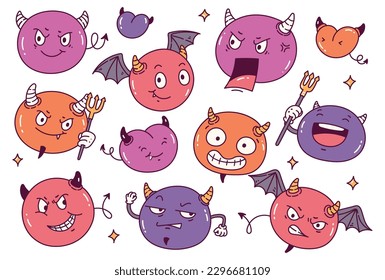 Set of cartoon cute devil head in various expression