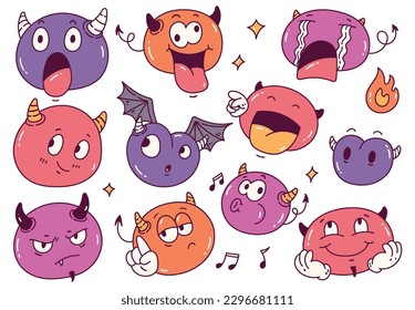 Set of cartoon cute devil head in various expression