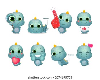 Set of cartoon cute dinosaur. Dino holds a heart and a magnifying glass, shows like and swipe up. Phone mockup. Little kid character. Creative layout for social media blogging. Vector illustration.