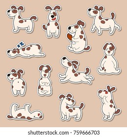 Set of cartoon cute dog stickers. Doodle patches with different emotions, joy, sleep, sadness, love. new year 2018