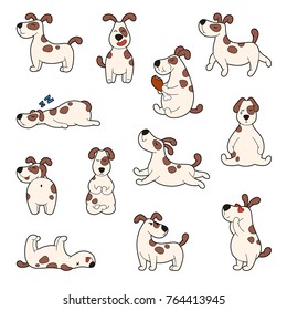 Set of cartoon cute dog stickers. Doodle patches with different emotions, joy, sleep, sadness, love. new year 2018