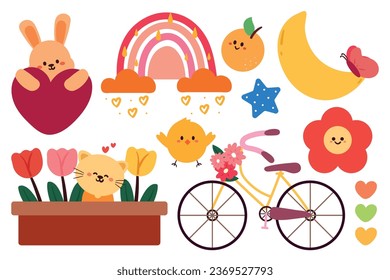 conjunto de pegatinas de elementos lindos de dibujos animados. pegatinas para niños, colección de doodle lindo